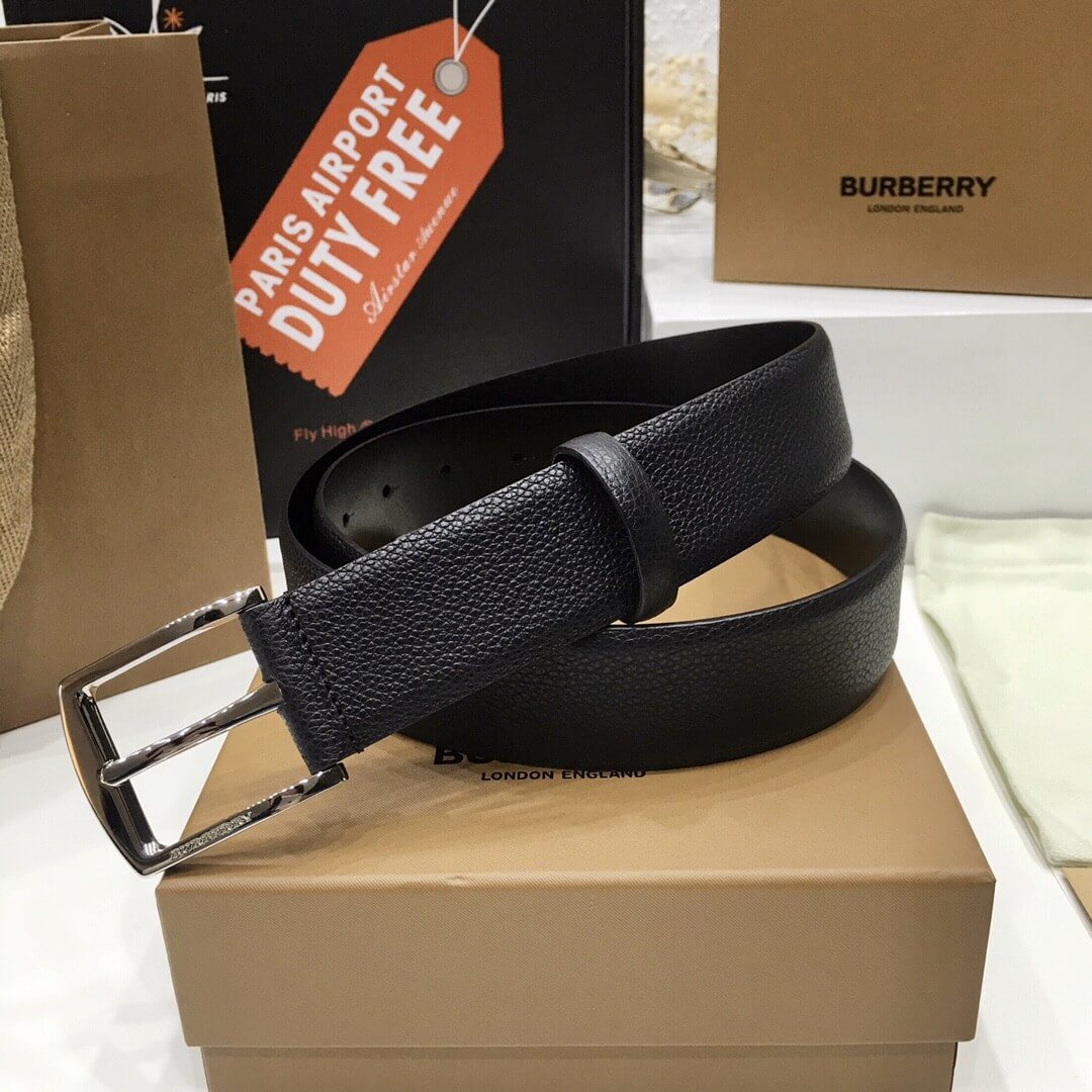 Burberry Black Grained Leather Joe Buckle Belt with Polished Silver Hardware - photo 3