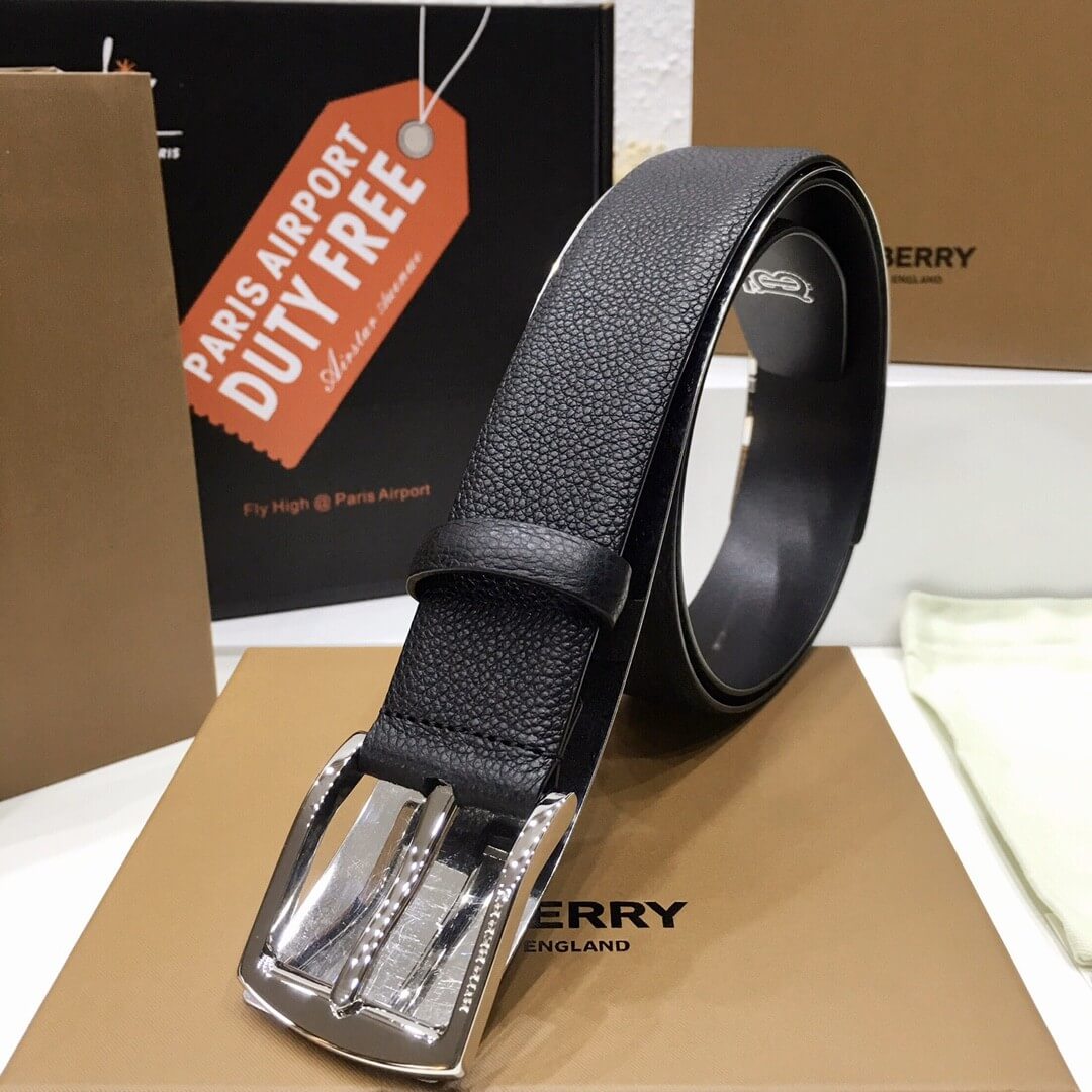 Burberry Black Grained Leather Joe Buckle Belt with Polished Silver Hardware - photo 2