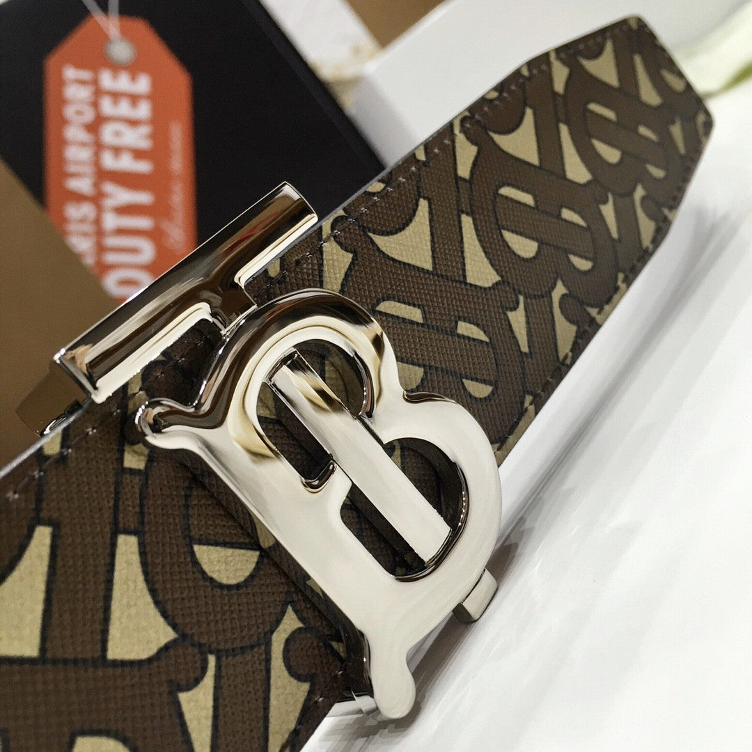 Burberry Brown Bridle Monogram Coated Canvas TB Buckle Belt in Silver Hardware - photo 1
