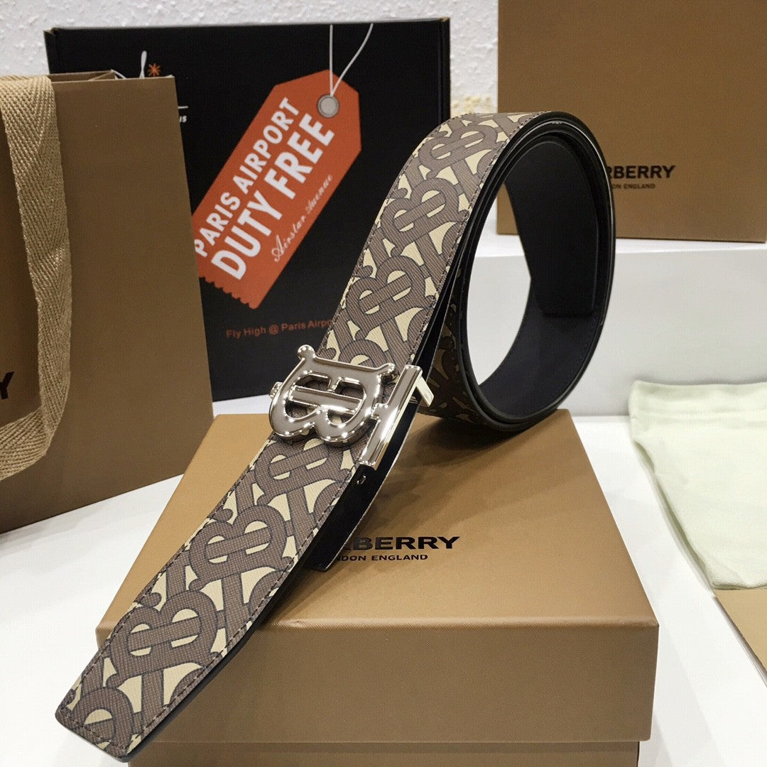 Burberry Brown Bridle Monogram Coated Canvas TB Buckle Belt in Silver Hardware - photo 8