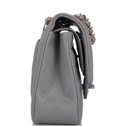 Chanel Shiny Grey Quilted Caviar Medium Classic Double Flap Bag Light Gold Hardware - photo 3