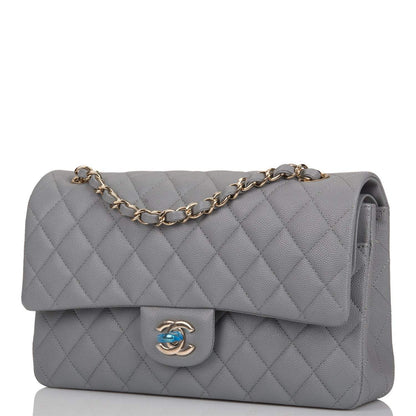Chanel Shiny Grey Quilted Caviar Medium Classic Double Flap Bag Light Gold Hardware - photo 5