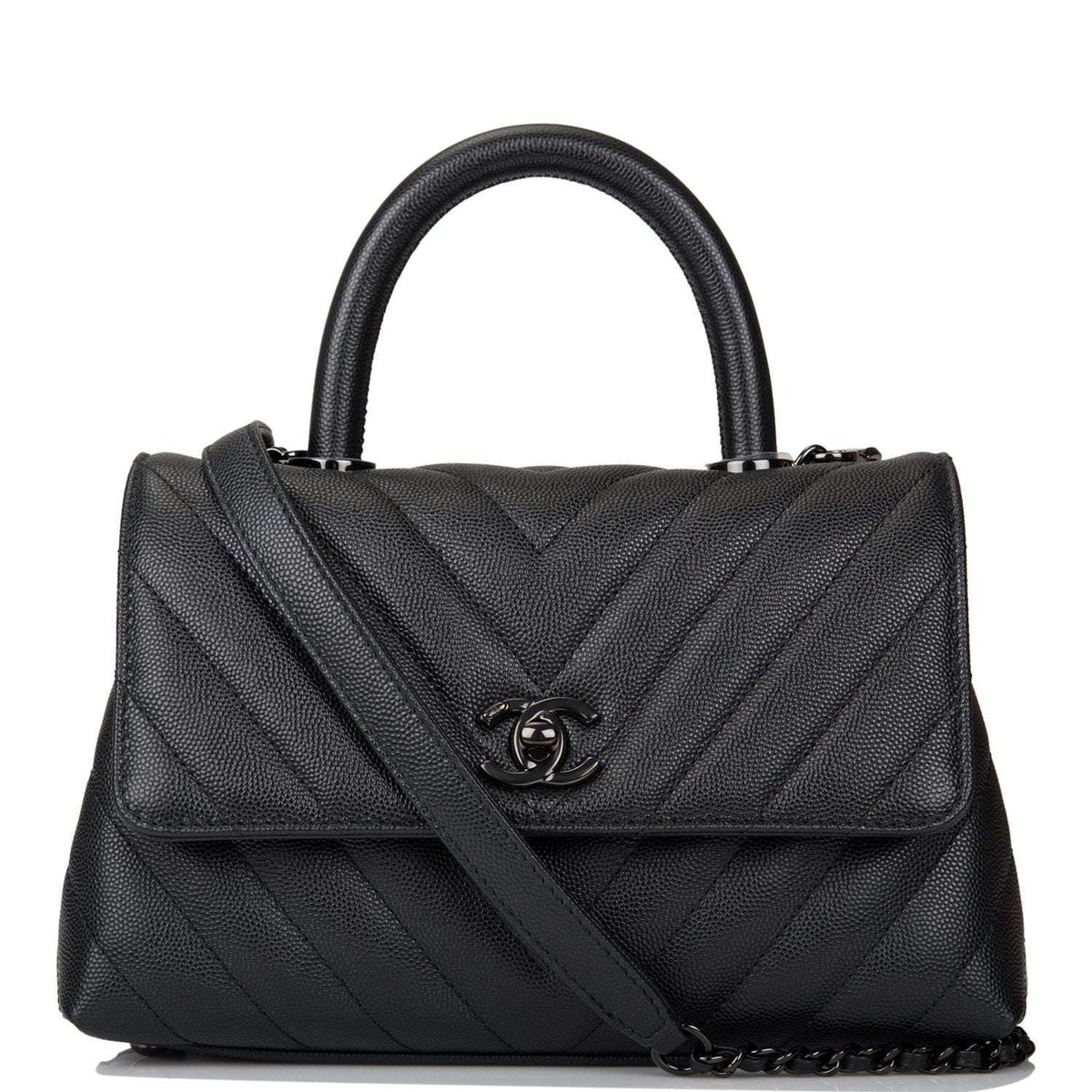 Chanel SO Black Chevron Caviar Mini Coco Handle Flap Bag Black Hardware - image 1