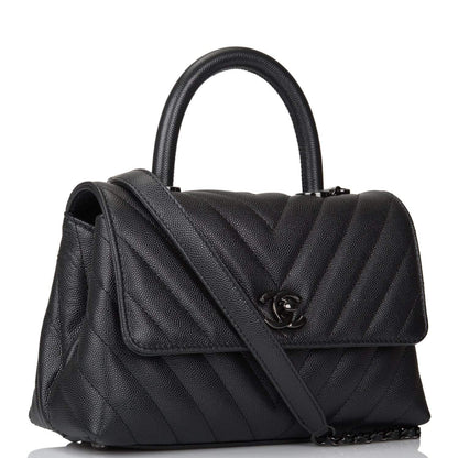 Chanel SO Black Chevron Caviar Mini Coco Handle Flap Bag Black Hardware - image 2