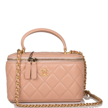 Chanel Beige Quilted Lambskin Small Top Handle Vanity Bag Antique Gold Hardware - photo 1