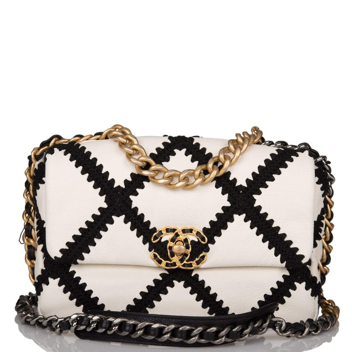 Chanel White and Black Crochet Quilted Calfskin Medium 19 Flap Bag Mixed Hardware - photo 1