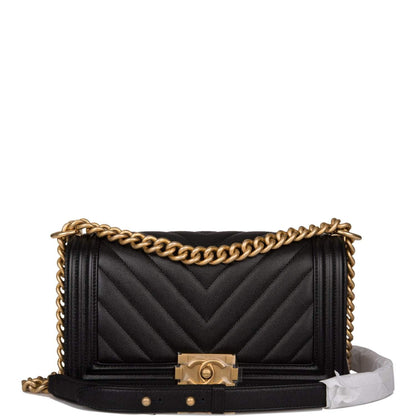 Chanel Medium Boy Bag Black Chevron Caviar Antique Gold Hardware - photo 1