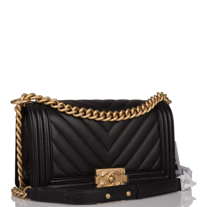 Chanel Medium Boy Bag Black Chevron Caviar Antique Gold Hardware - photo 2