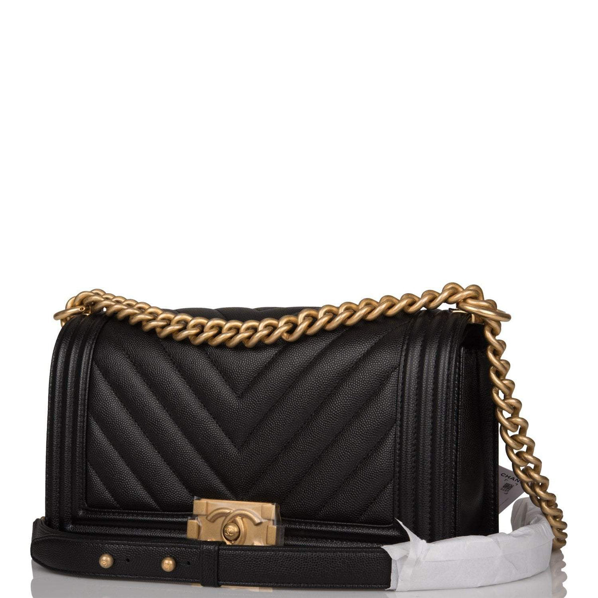 Chanel Medium Boy Bag Black Chevron Caviar Antique Gold Hardware - photo 5