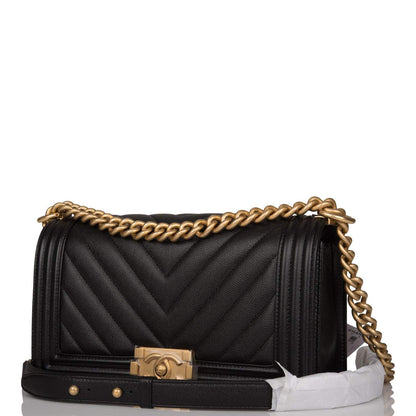 Chanel Medium Boy Bag Black Chevron Caviar Antique Gold Hardware - photo 5