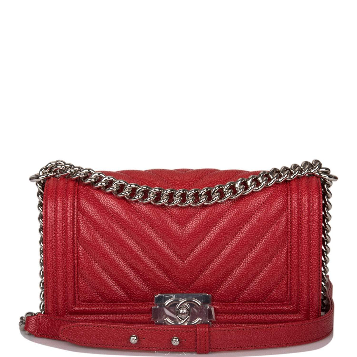 Chanel Red Chevron Caviar Medium Boy Bag Silver Hardware - photo 1