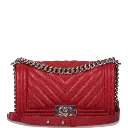 Chanel Red Chevron Caviar Medium Boy Bag Silver Hardware - photo 1