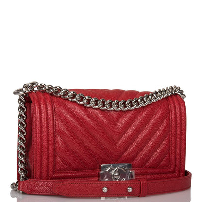 Chanel Red Chevron Caviar Medium Boy Bag Silver Hardware - photo 2