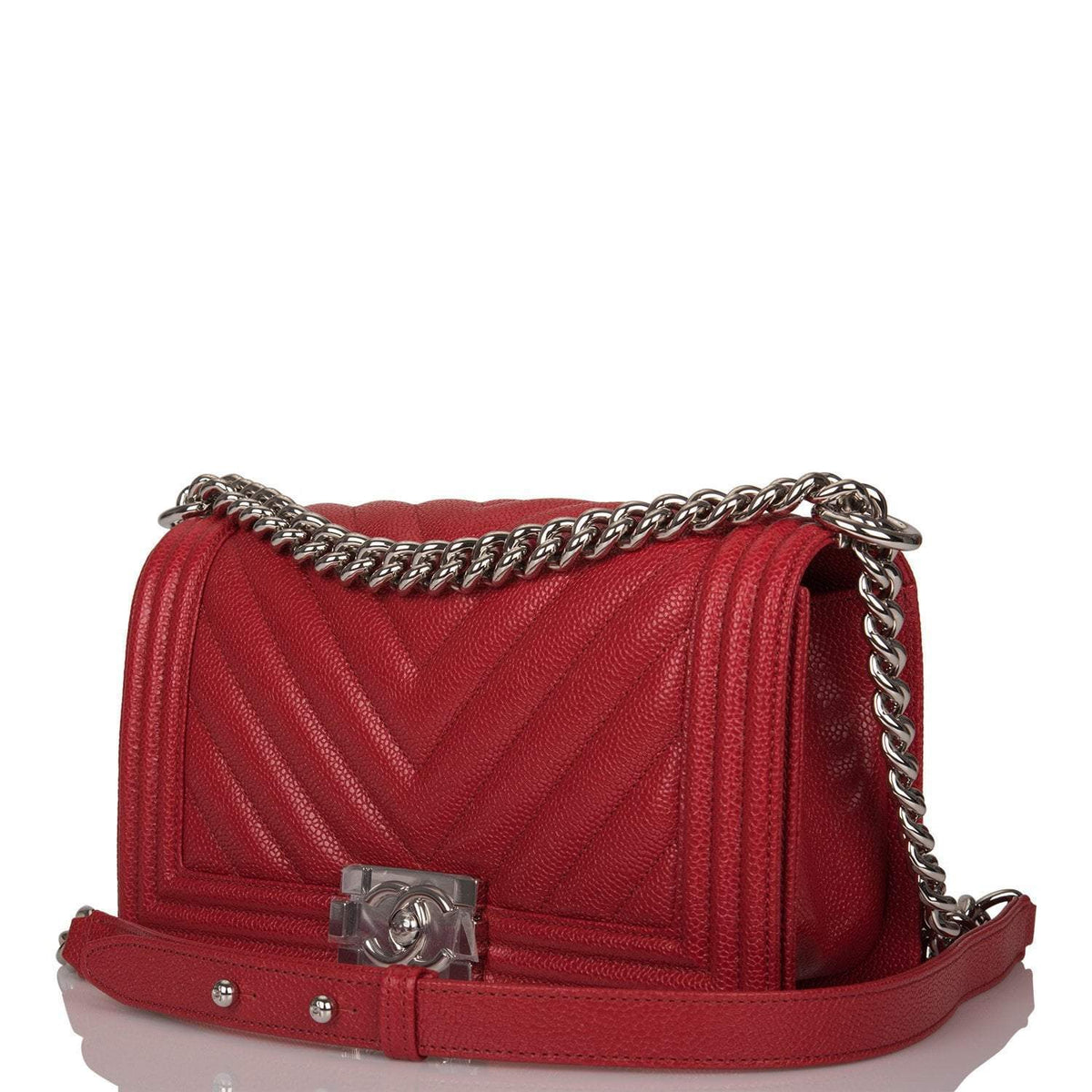 Chanel Red Chevron Caviar Medium Boy Bag Silver Hardware - photo 5