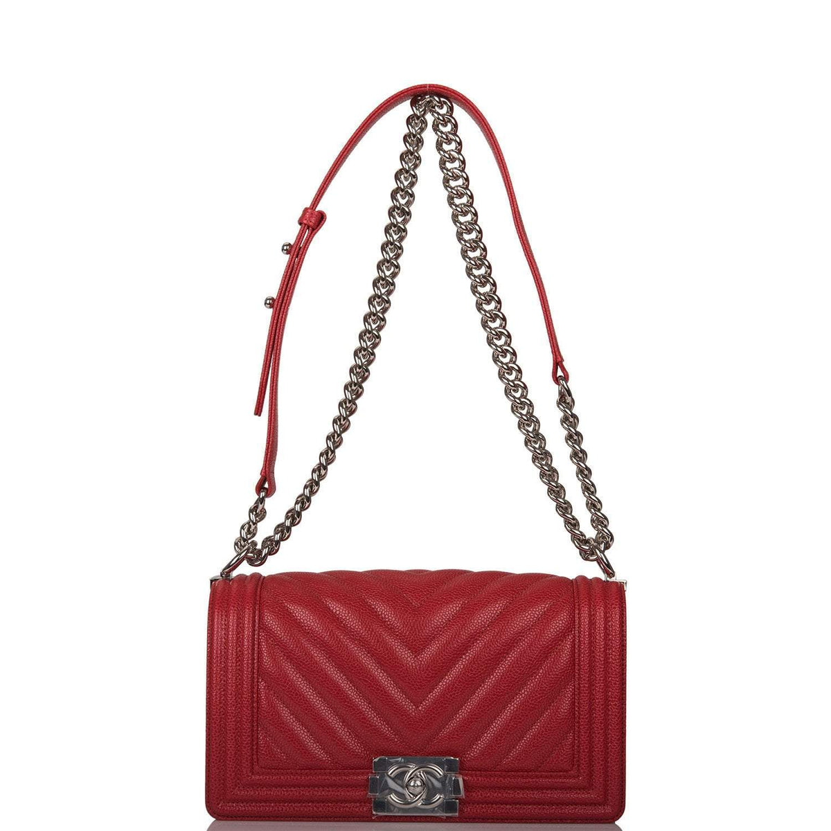 Chanel Red Chevron Caviar Medium Boy Bag Silver Hardware - photo 7
