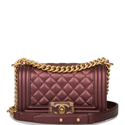 Chanel Plum Metallic Quilted Calfskin Small Boy Bag Antique Gold Hardware - photo 1