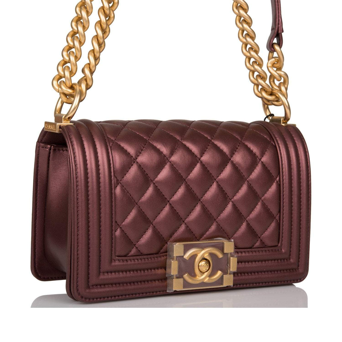 Chanel Plum Metallic Quilted Calfskin Small Boy Bag Antique Gold Hardware - photo 2