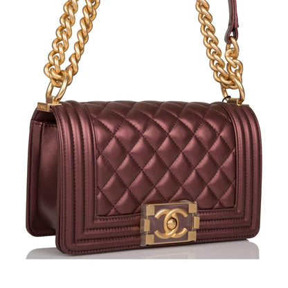 Chanel Plum Metallic Quilted Calfskin Small Boy Bag Antique Gold Hardware - photo 2