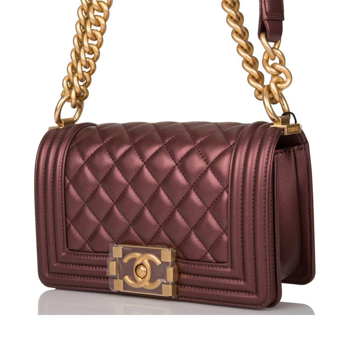 Chanel Plum Metallic Quilted Calfskin Small Boy Bag Antique Gold Hardware - photo 5