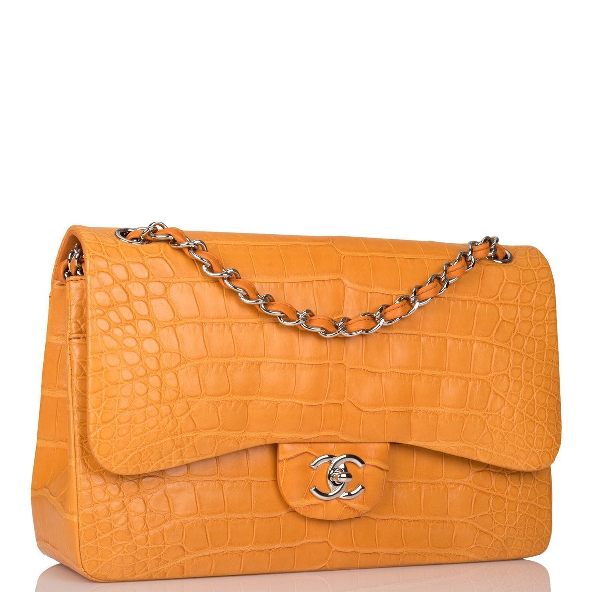 Chanel Orange Alligator Jumbo Classic Double Flap Bag Silver Hardware - photo 2