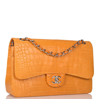 Chanel Orange Alligator Jumbo Classic Double Flap Bag Silver Hardware - photo 2