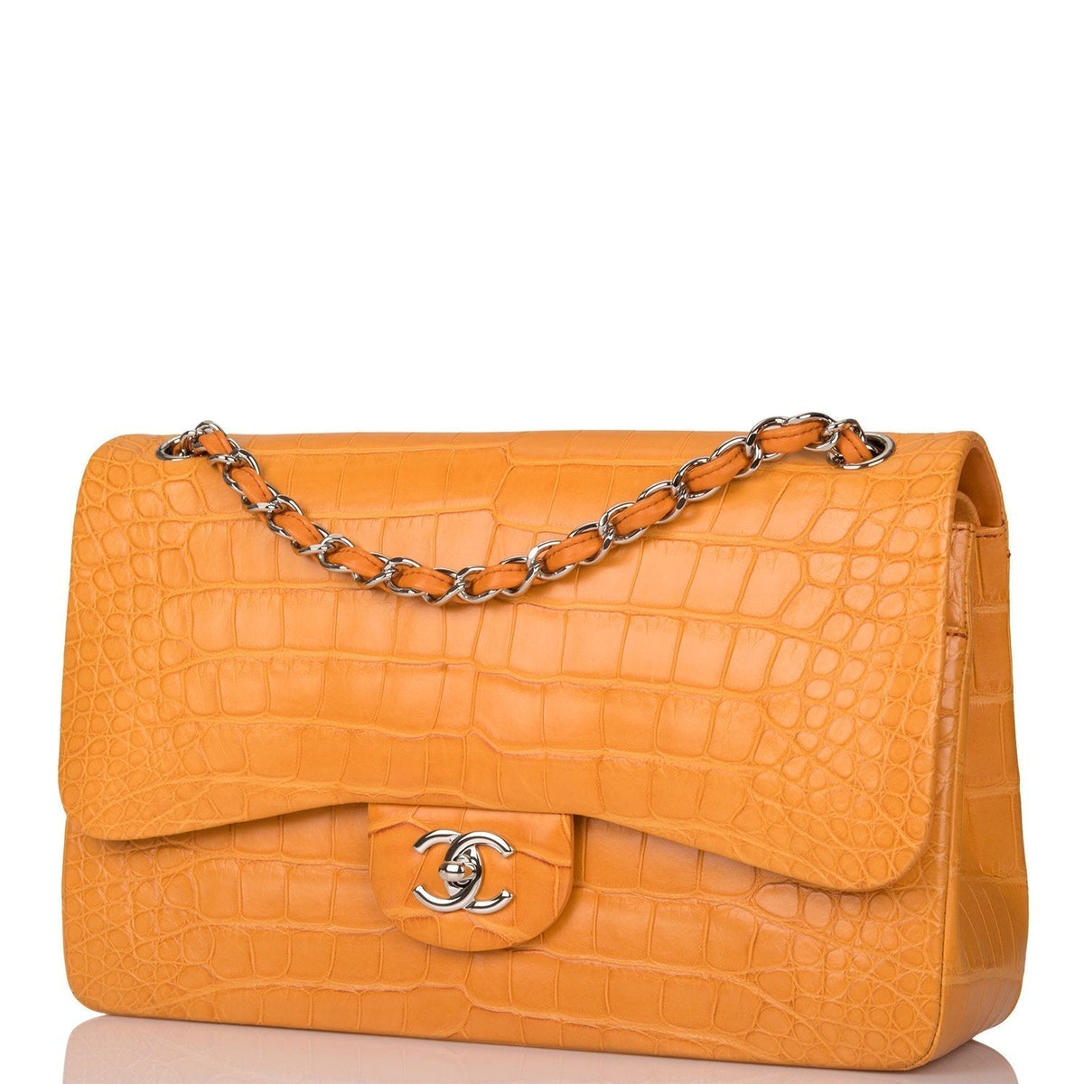 Chanel Orange Alligator Jumbo Classic Double Flap Bag Silver Hardware - photo 5