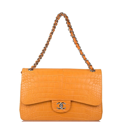 Chanel Orange Alligator Jumbo Classic Double Flap Bag Silver Hardware - photo 7