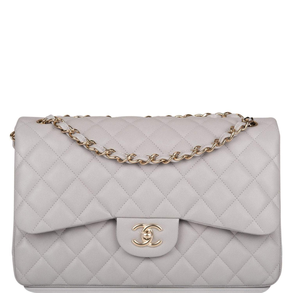 Chanel Light Grey Quilted Caviar Jumbo Classic Double Flap Bag Light Gold Hardware - photo 1