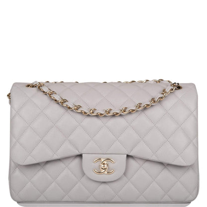 Chanel Light Grey Quilted Caviar Jumbo Classic Double Flap Bag Light Gold Hardware - photo 1