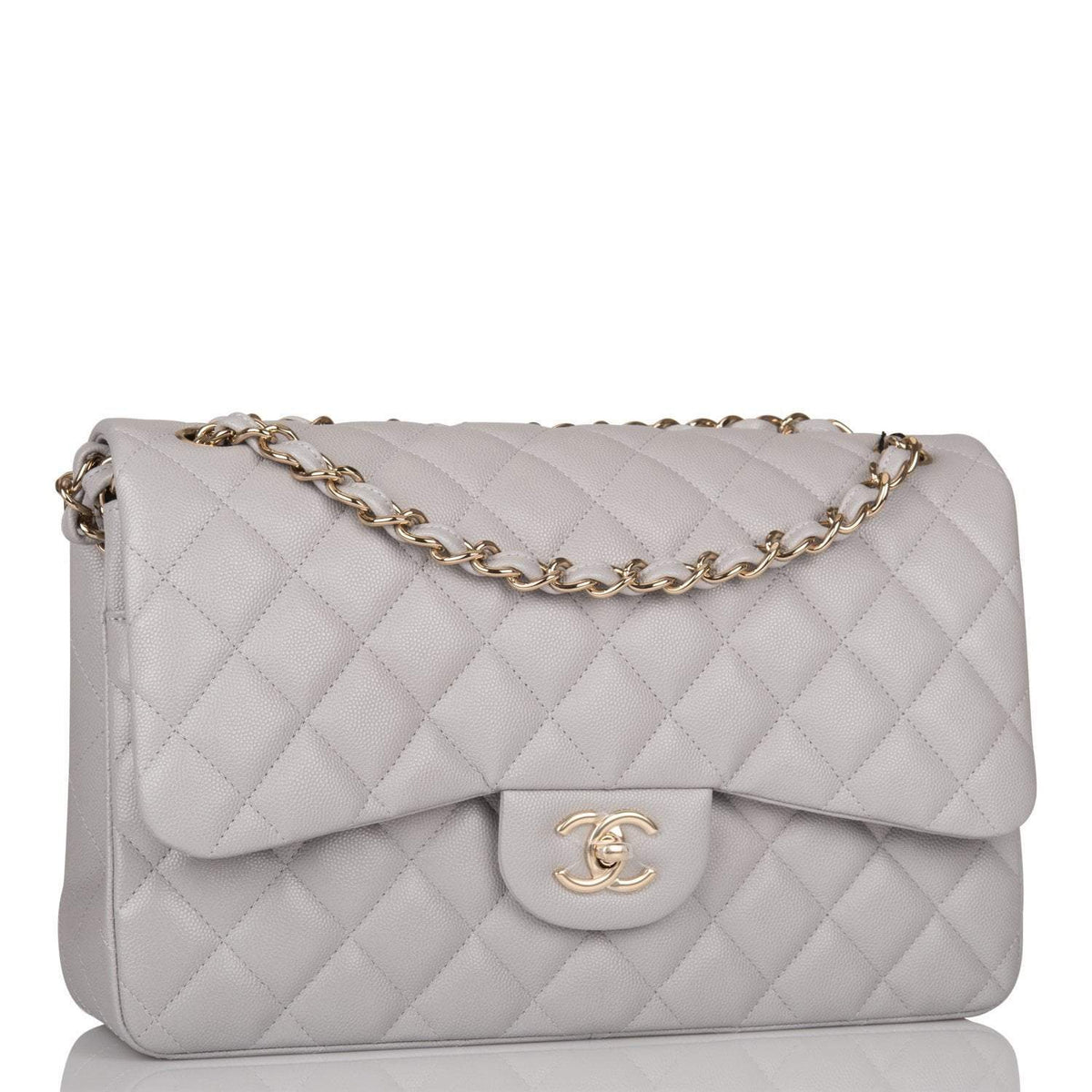 Chanel Light Grey Quilted Caviar Jumbo Classic Double Flap Bag Light Gold Hardware - photo 2