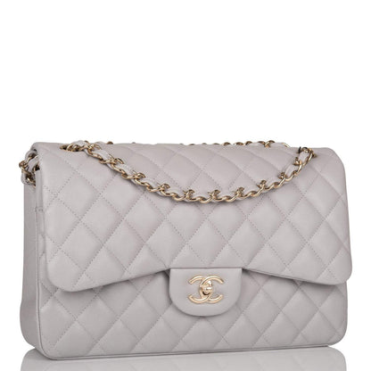 Chanel Light Grey Quilted Caviar Jumbo Classic Double Flap Bag Light Gold Hardware - photo 2