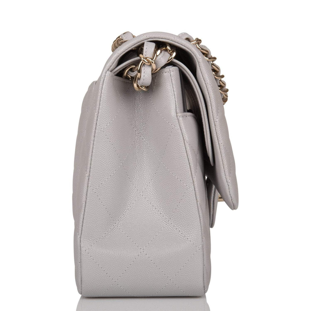 Chanel Light Grey Quilted Caviar Jumbo Classic Double Flap Bag Light Gold Hardware - photo 3