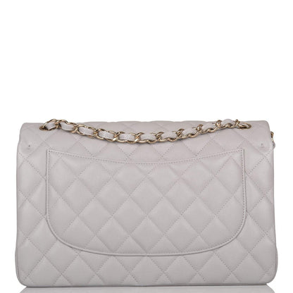 Chanel Light Grey Quilted Caviar Jumbo Classic Double Flap Bag Light Gold Hardware - photo 4