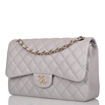 Chanel Light Grey Quilted Caviar Jumbo Classic Double Flap Bag Light Gold Hardware - photo 5