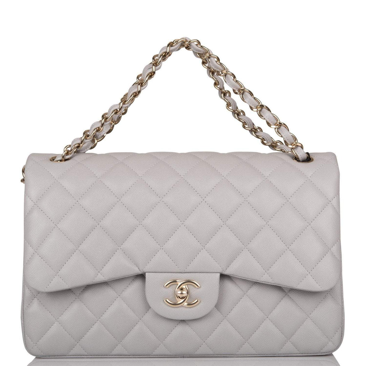 Chanel Light Grey Quilted Caviar Jumbo Classic Double Flap Bag Light Gold Hardware - photo 7