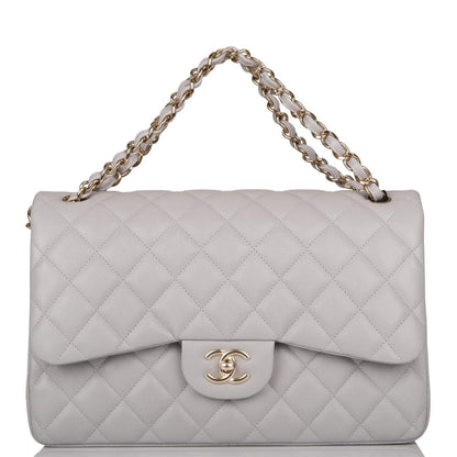 Chanel Light Grey Quilted Caviar Jumbo Classic Double Flap Bag Light Gold Hardware - photo 7