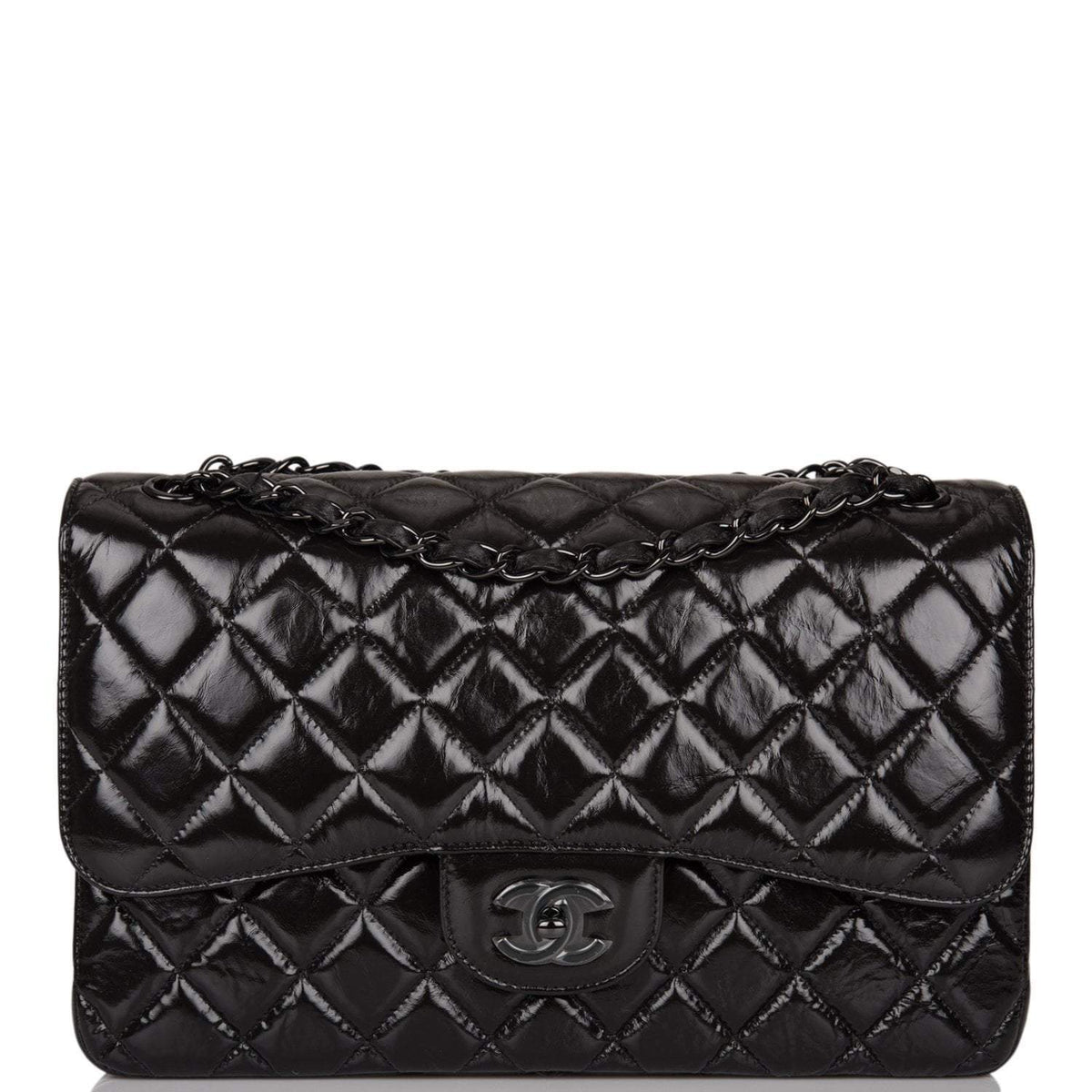 Chanel SO Black Shiny Crumpled Calfskin Jumbo Classic Double Flap Bag Black Hardware - photo 1