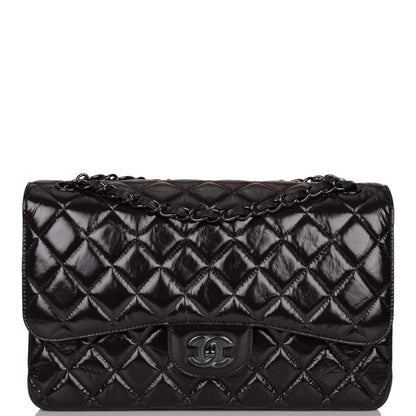 Chanel SO Black Shiny Crumpled Calfskin Jumbo Classic Double Flap Bag Black Hardware - photo 1