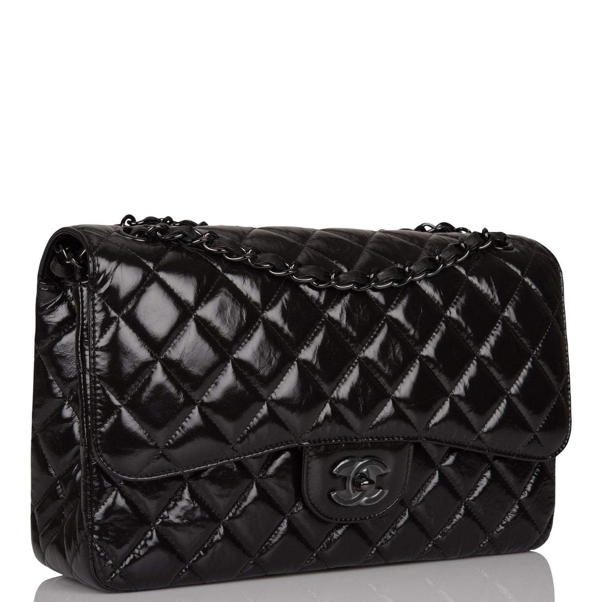Chanel SO Black Shiny Crumpled Calfskin Jumbo Classic Double Flap Bag Black Hardware - photo 2