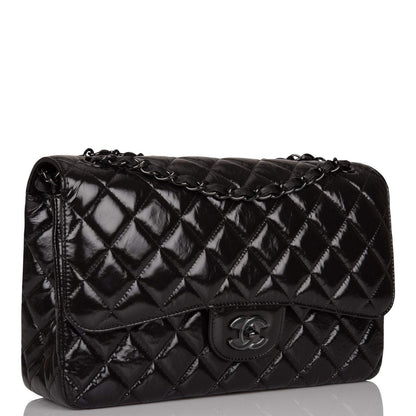 Chanel SO Black Shiny Crumpled Calfskin Jumbo Classic Double Flap Bag Black Hardware - photo 2