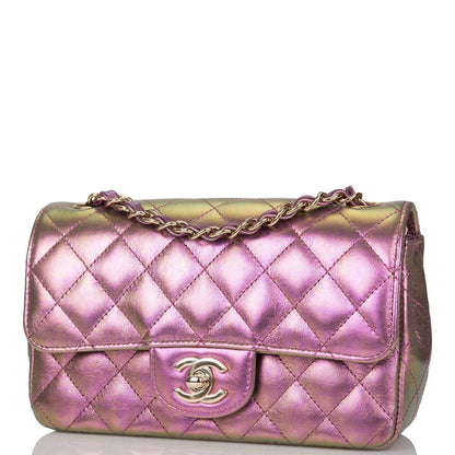 Chanel Mini Rectangular Flap Bag Purple Iridescent Lambskin Light Gold Hardware - photo 5