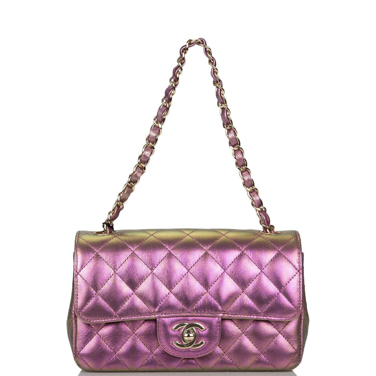 Chanel Mini Rectangular Flap Bag Purple Iridescent Lambskin Light Gold Hardware - photo 7