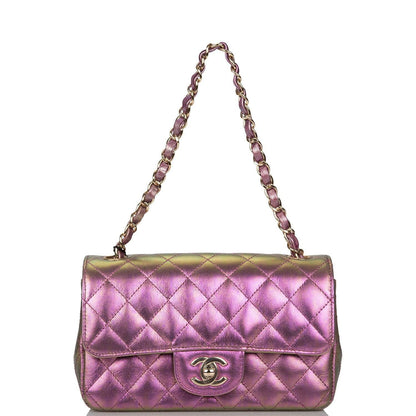 Chanel Mini Rectangular Flap Bag Purple Iridescent Lambskin Light Gold Hardware - photo 7