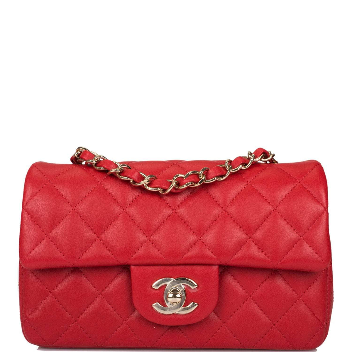 Chanel Red Quilted Lambskin Rectangular Mini Classic Flap Bag Light Gold Hardware - photo 1