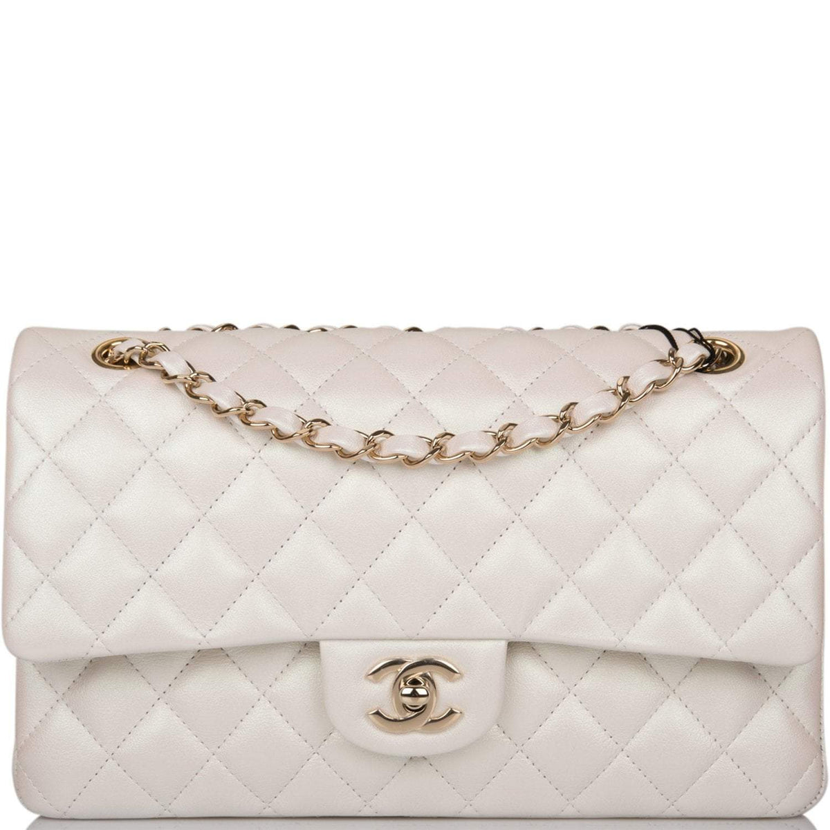 Chanel White Iridescent Quilted Lambskin Medium Classic Double Flap Bag Light Gold Hardware - image 1