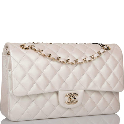 Chanel White Iridescent Quilted Lambskin Medium Classic Double Flap Bag Light Gold Hardware - image 2