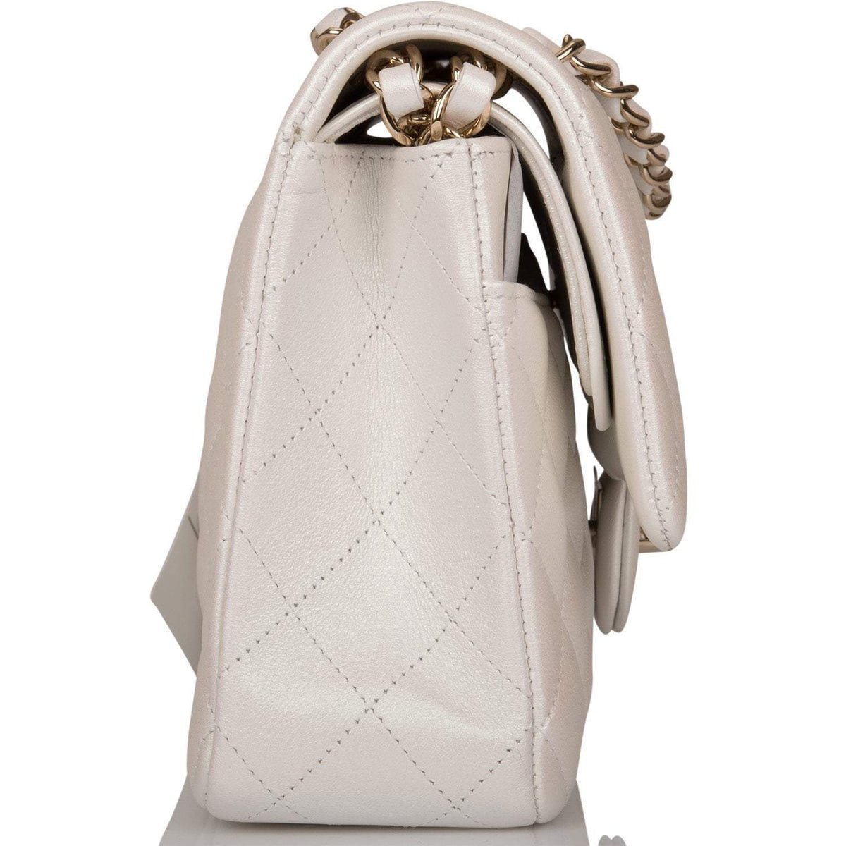 Chanel White Iridescent Quilted Lambskin Medium Classic Double Flap Bag Light Gold Hardware - image 3