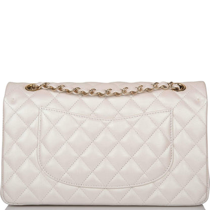 Chanel White Iridescent Quilted Lambskin Medium Classic Double Flap Bag Light Gold Hardware - image 4