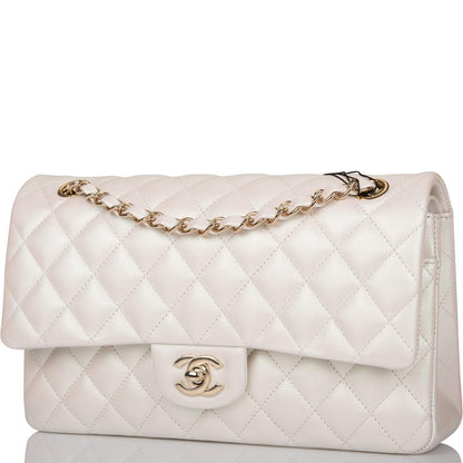 Chanel White Iridescent Quilted Lambskin Medium Classic Double Flap Bag Light Gold Hardware - image 5