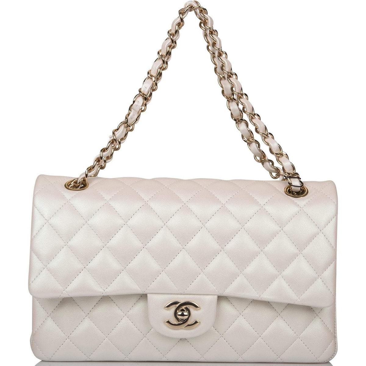 Chanel White Iridescent Quilted Lambskin Medium Classic Double Flap Bag Light Gold Hardware - image 7